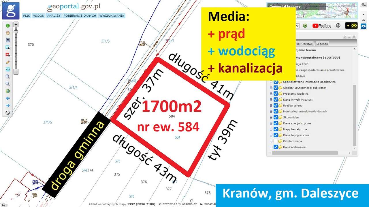 Kranów 1700m2 budowlana z MPZP szer. 37m ! ! !-0