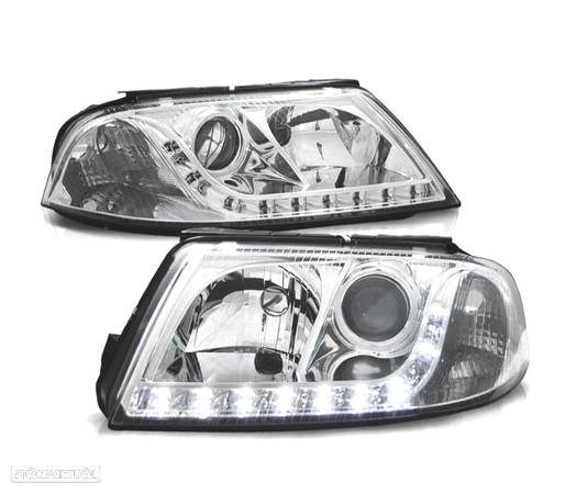 FARÓIS COM LUZ DIURNA LED PARA VOLKSWAGEN VW PASSAT 3GB B5 00-05 FUNDO CROMADO - 1