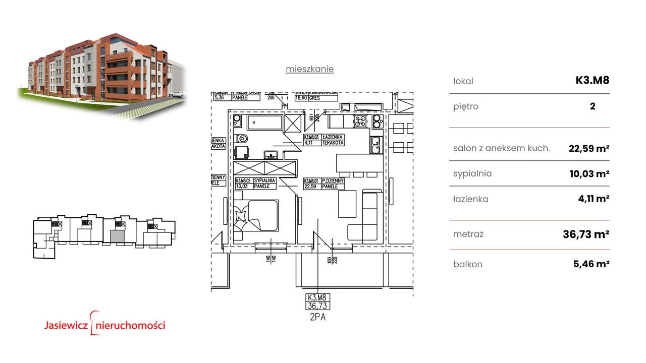 Nowe mieszkanie 2-pokojowe 36,7 m² z balkonem – Słubice, ul. Żwirki-1