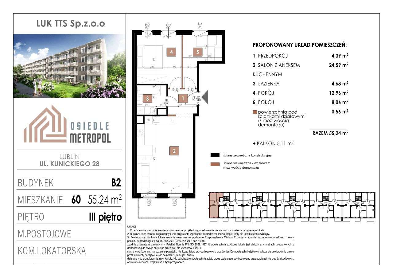 Budynek 2 Mieszkanie 60 | 3 pokoje z aneksem (lokal B2M60)