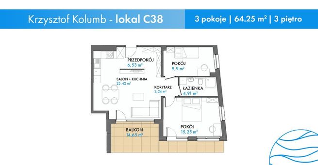 Fale Bałtyku | C38 | 3 pok. z BALKONEM 15 MKW