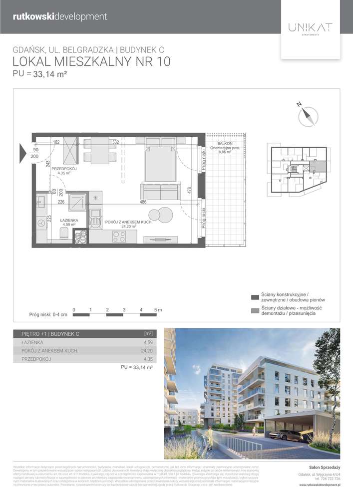 1-pokojowe mieszkanie 33m2 + balkon Bezpośrednio - Pełny obrazek: 2/7