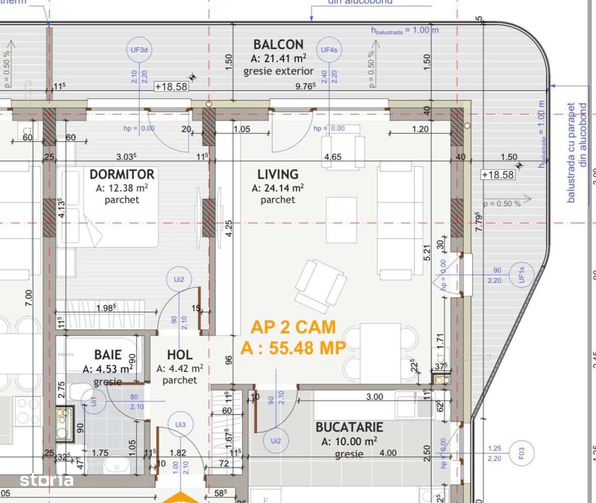 Apartament de 2 camere , 55,48 mp, semifinisat , EROILOR — fotografia 1