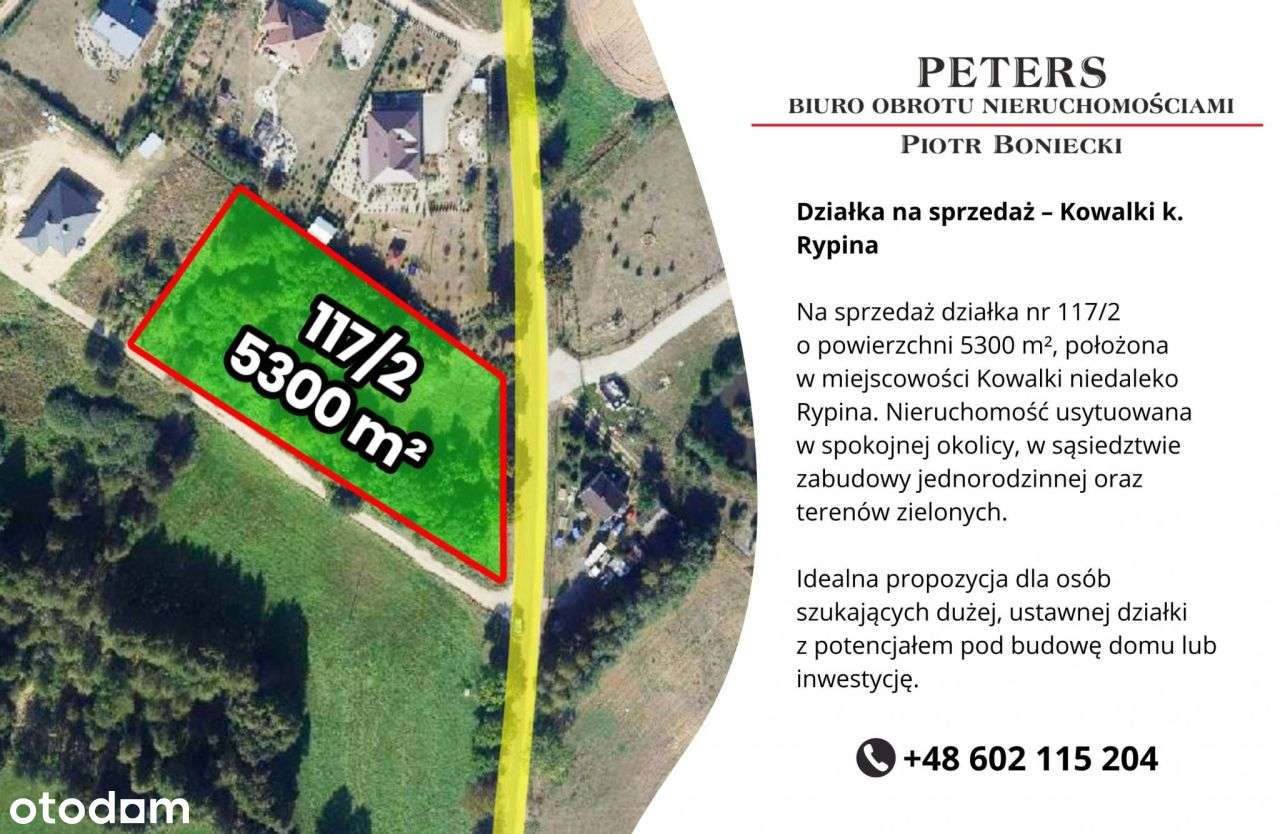 Sprzedam działkę budowlaną 5300m2,Kowalki 10,gm.Ry-0