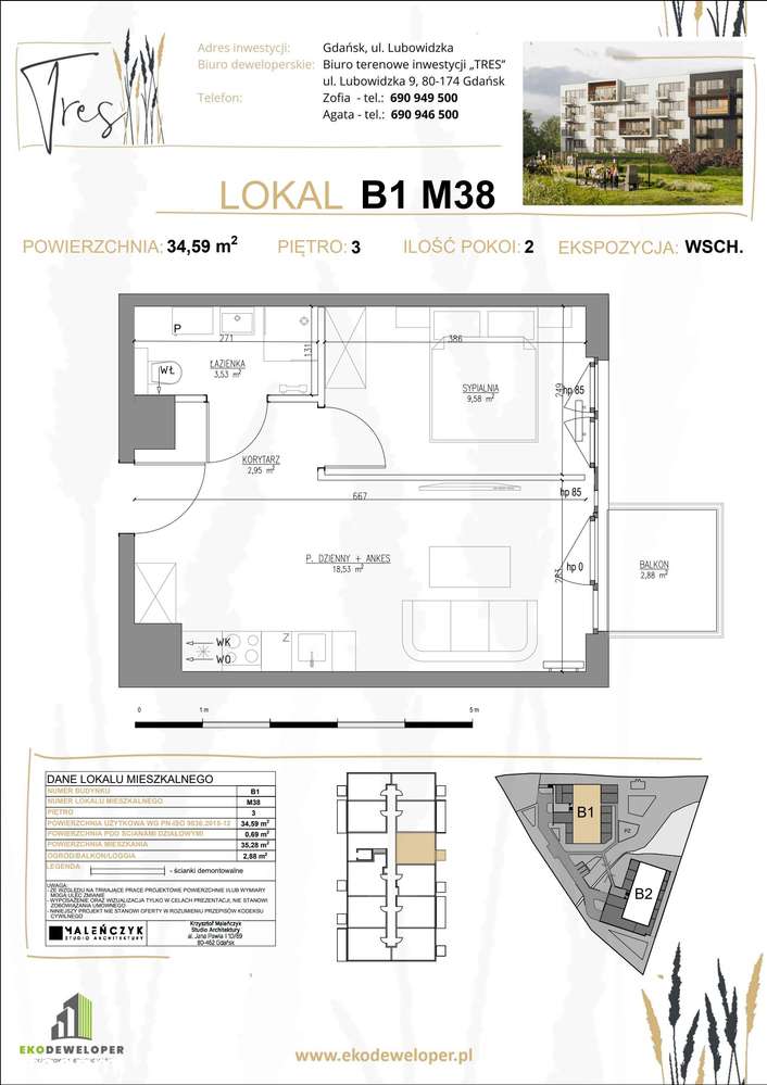 2-pokojowe mieszkanie 34 m² + balkon – pohled 2