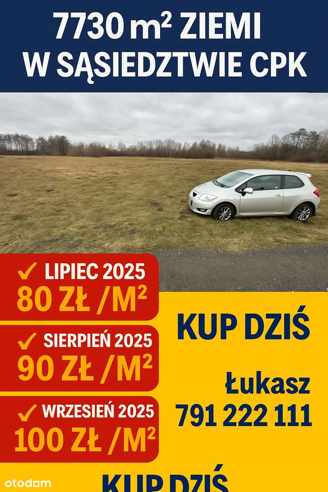 Działka inwestycyjna 7730 m² media,sąsiedztwie CPK – kup dziś 80 zł/m²