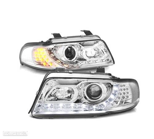 FARÓIS COM LUZ DIURNA LED PARA AUDI A4 B5 99-00 FUNDO CROMADO - 1