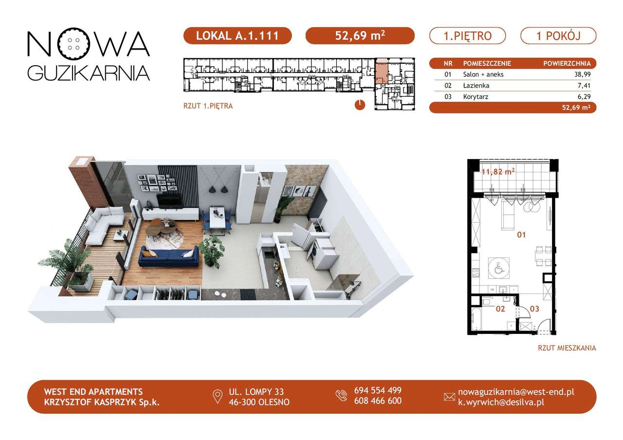Mieszkanie 51,96 m2 z balkonem Nowoczesny Apartamentowiec Częstochowa - Pełny obrazek: 2/24