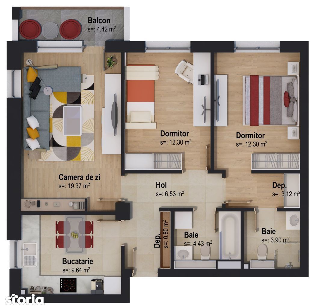 Apartament cu 3 camere Tip 1V - orientare Est sau Vest