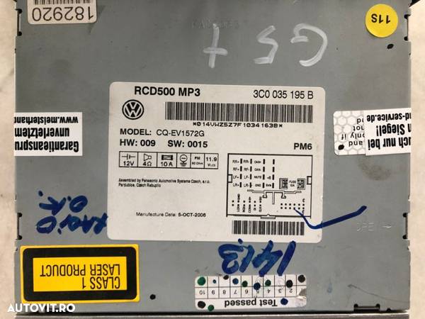 Radio CD Mp3 RCD 500 VW , cod 3C0035195B - 2