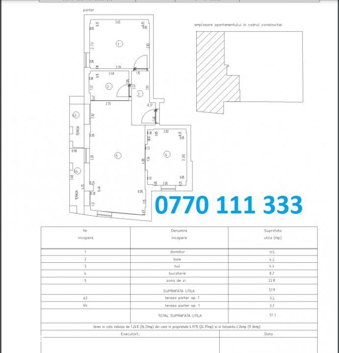 Apartament 2 camere Bloc NOU La Gri, suprafata utila totala 59,1mp