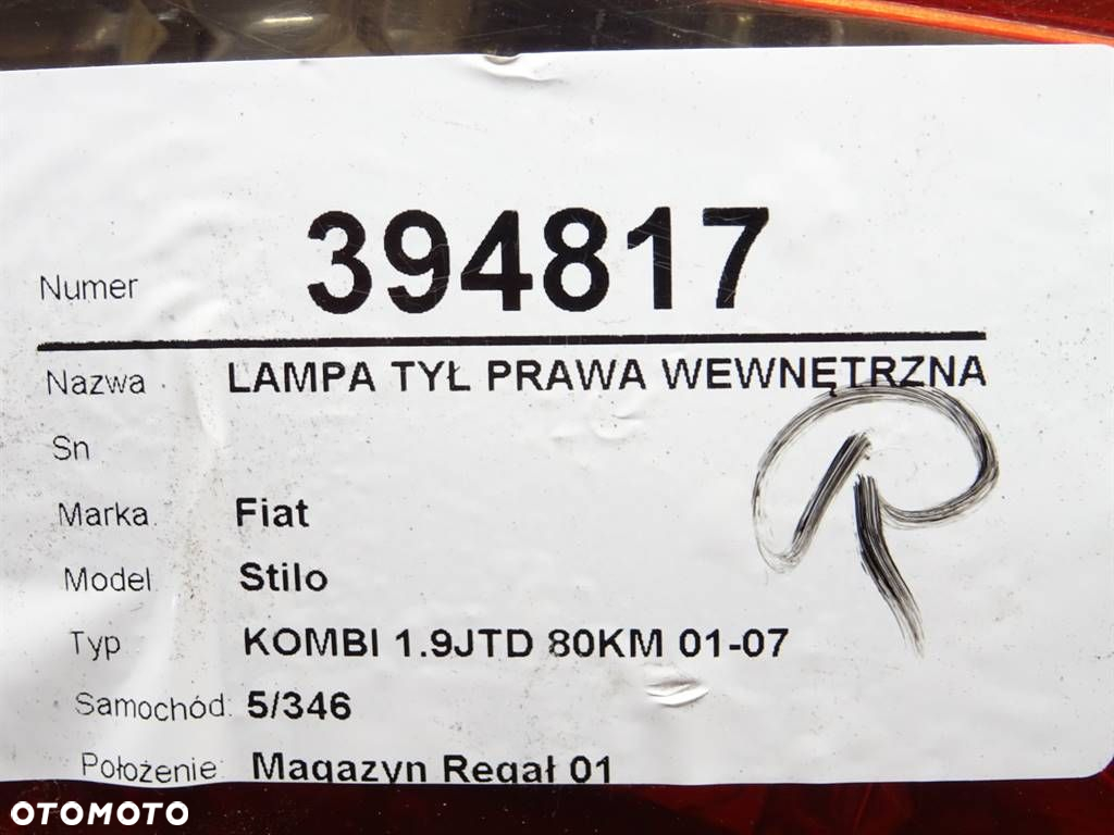 LAMPA TYŁ PRAWA WEWNĘTRZNA FIAT STILO Multi Wagon (192_) 2003 - 2008 1.9 JTD 59 kW [80 KM] olej - 4
