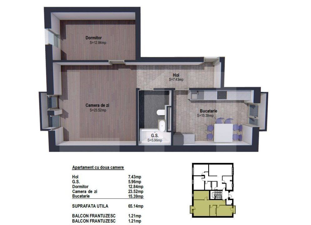 Apartament de 2 camere semifinisat, 65.14mp, bloc nou, zona linistita