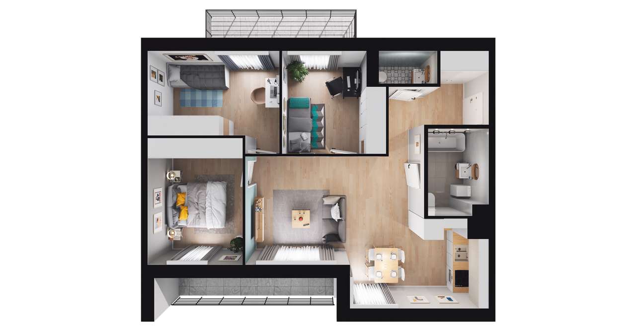 4-pokojowe mieszkanie 68m2 + 2 balkony - Pełny obrazek: 3/9