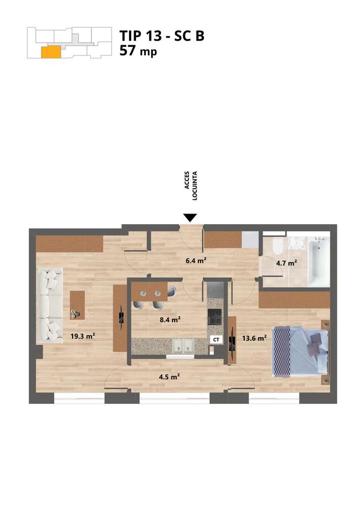 Sun Residence -- Apartament 2 camere - TIP 13 - 57 Mp - Proiect NOU --1