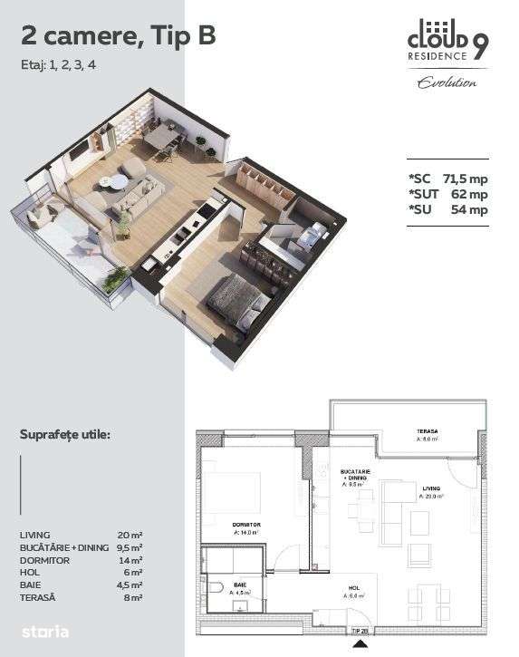 Cloud 9 Evolution – Apartament 2 camere Tip B | Orientare Sudica