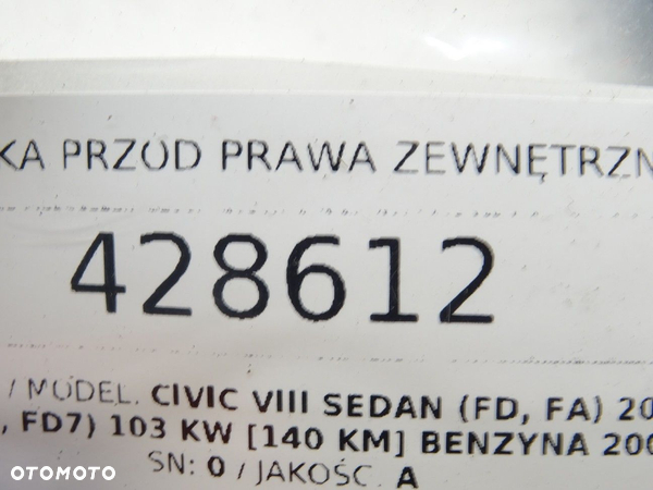 KLAMKA PRZÓD PRAWA ZEWNĘTRZNA HONDA CIVIC VIII sedan (FD, FA) 2005 - 2022 1.8 (FD1, FD7) 103 kW - 4