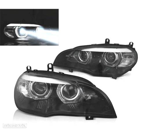 FARÓIS LED PARA BMW X5 E70 07-13 OEM XENON ANGEL EYES PRETO - 1