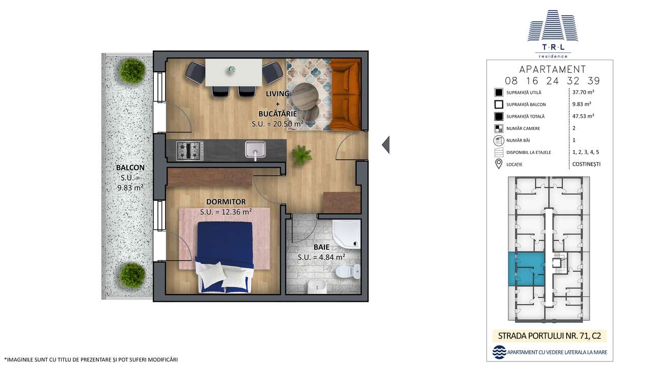 Apartament 32-C2, 2 camere,prima linie cu vedere la mare,Costinesti-6