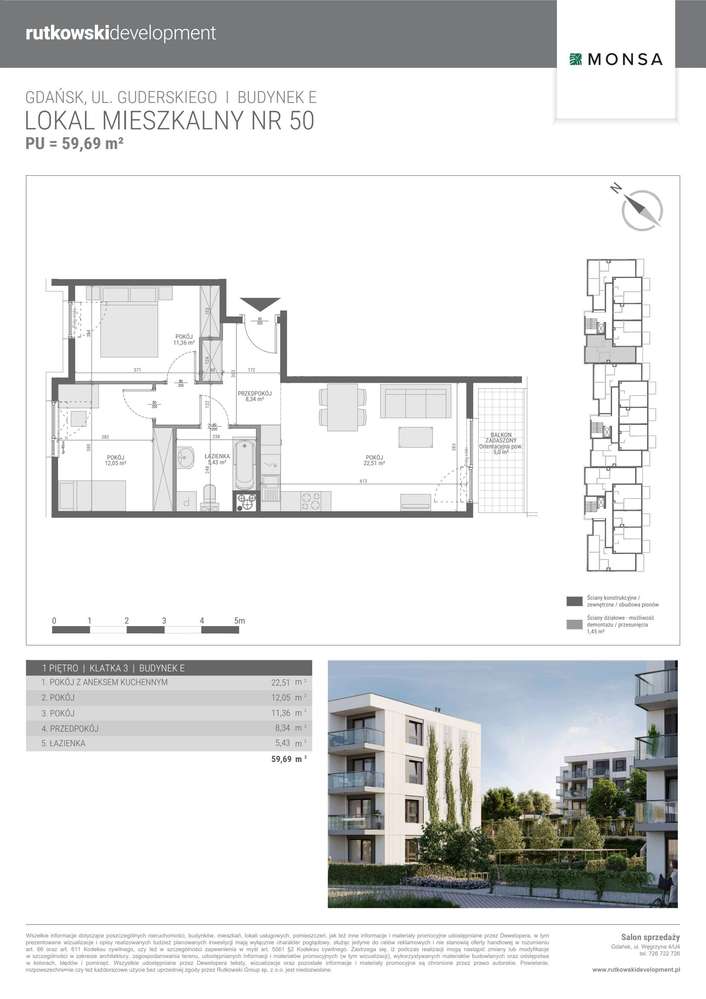 3-pokojowe mieszkanie 59m2 + balkon - Pełny obrazek: 2/6