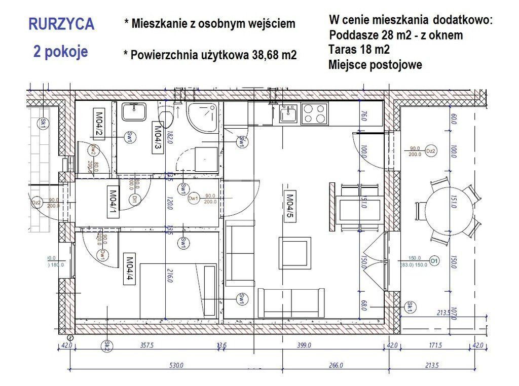 Rurzyca, pow. całk. 66m2, 2 pok. + poddasze, Nowe