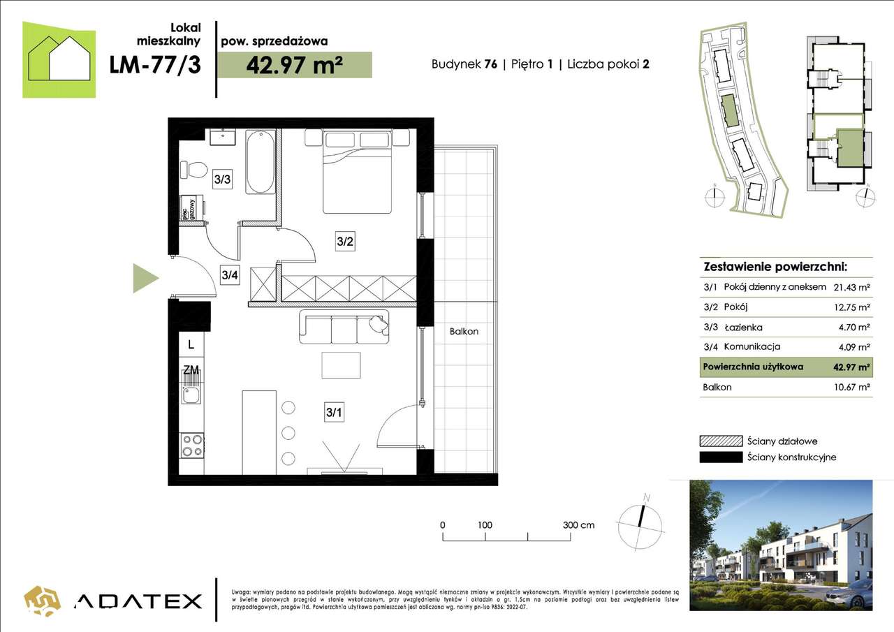 Osiedle Zielona Podkowa p/Warszawą - mieszkanie 42.97 m2 + balkon