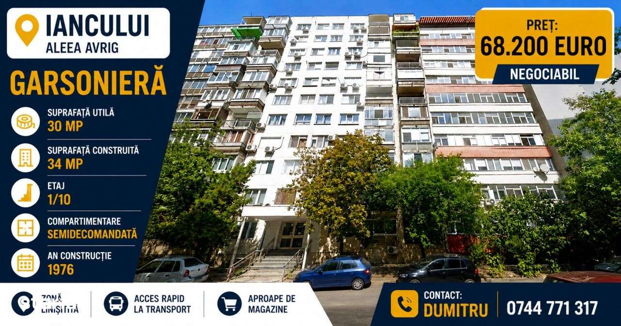 Garsoniera - 30 mp - etaj 1, Iancului, Aleea Avrig