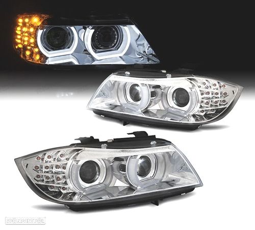 FARÓIS XENON ANGEL EYES + PISCA LED PARA BMW E90 E91 08-12 FUNDO CROMADO - 1