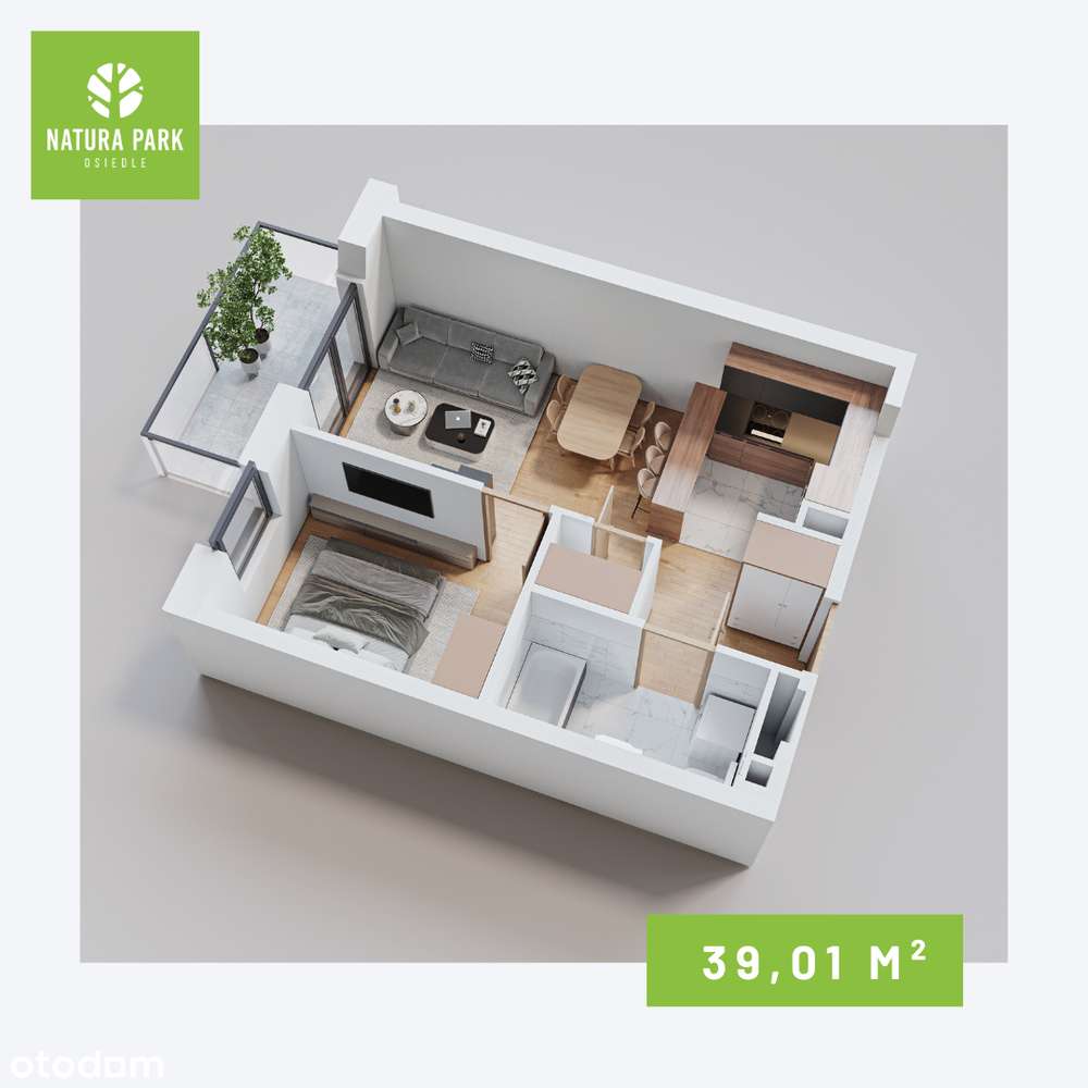 2 pokoje- 39,01m2| Garderoba |duży balkon |Winda| Natura Park - Pełny obrazek: 2/7