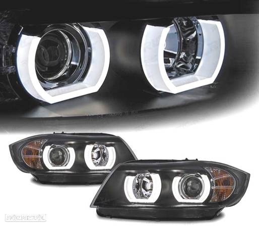 FARÓIS BIXENON PARA BMW E90 E91 05-08 ANGEL EYES U LED 3D FUNDO PRETO - 1