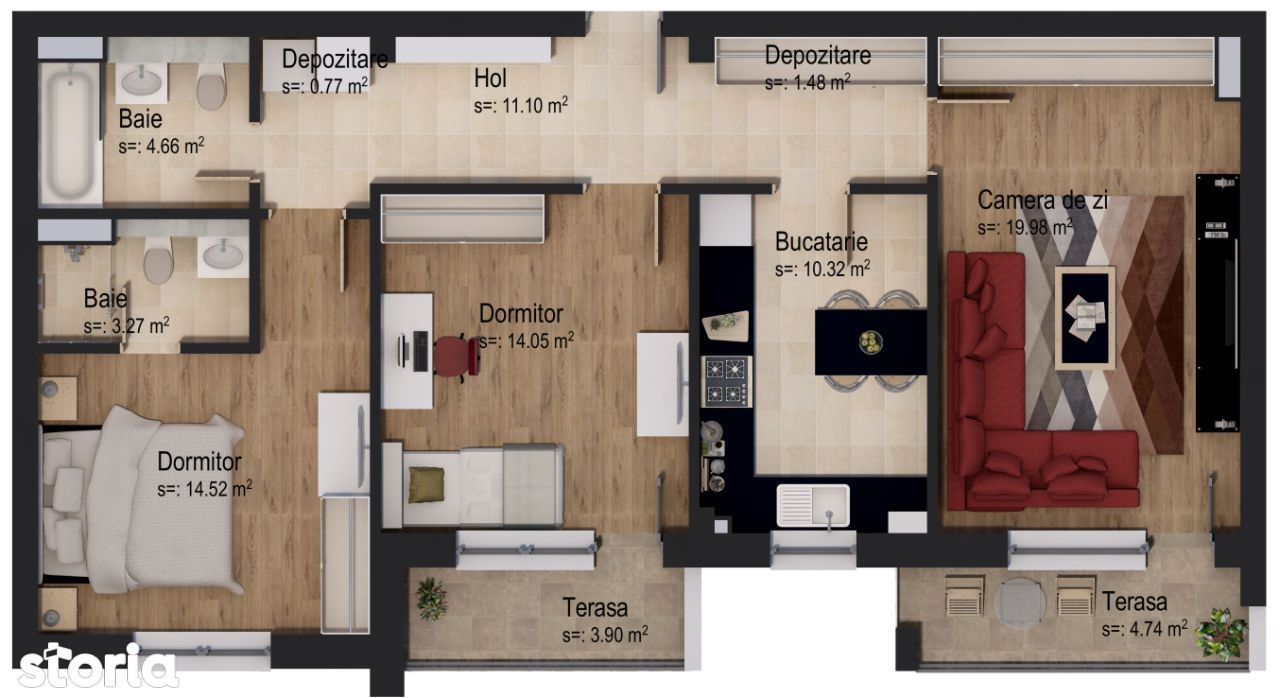 Apartament cu 3 camere la parter cu 2 terase
