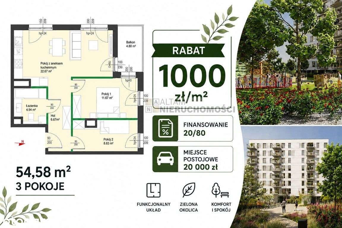 3pok+kuchnia 55m2 balkon|-1000zł/m2|park|20/80|0%