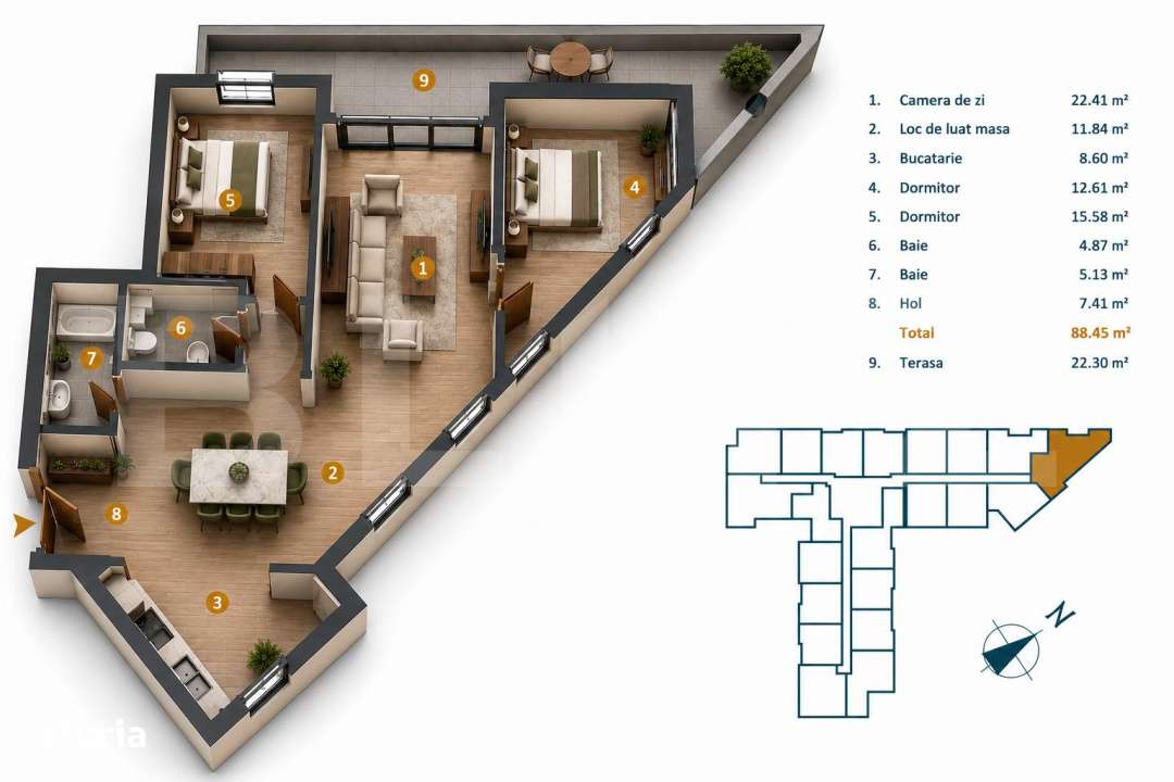 Apartament 3 camere, 88.2 mp, bloc nou cu CF, terasa 30.3 mp, Intre La