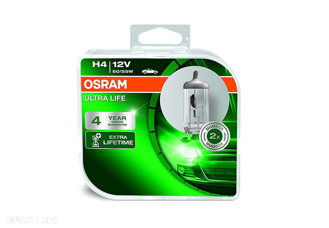 Becuri auto H4 12V 60/55W P43t, Set 2 becuri Osram H4 UltraLife 64193ULT-HCB - 1