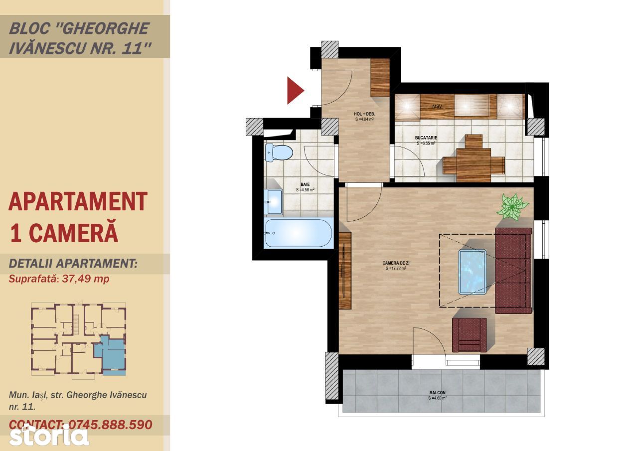 Apartament 1 camera, bucatarie decomandata, zona Nicolina-Selgros