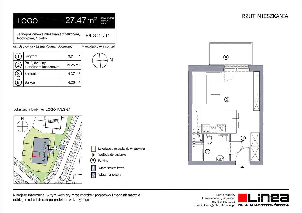 1-pokojowe mieszkanie 27m2 + balkon - Pełny obrazek: 2/4