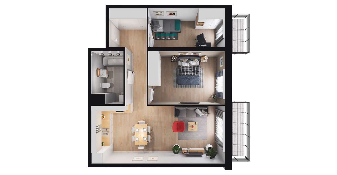 3-pokojowe mieszkanie 63m2 + 2 balkony - Pełny obrazek: 2/8