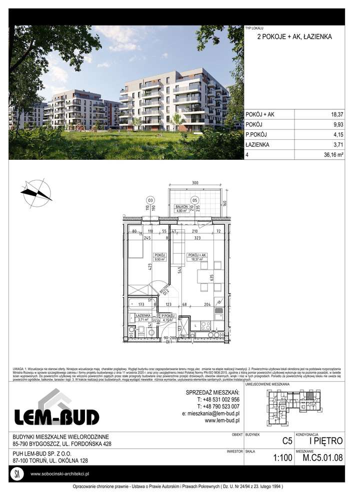 36 mkw. | przestronne 2 pokoje | balkon - Pełny obrazek: 2/7