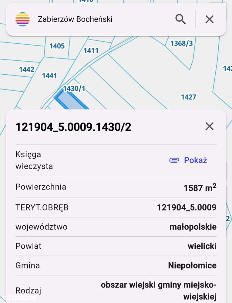 Zabierzow Bocheński, działka rolna 1587m2