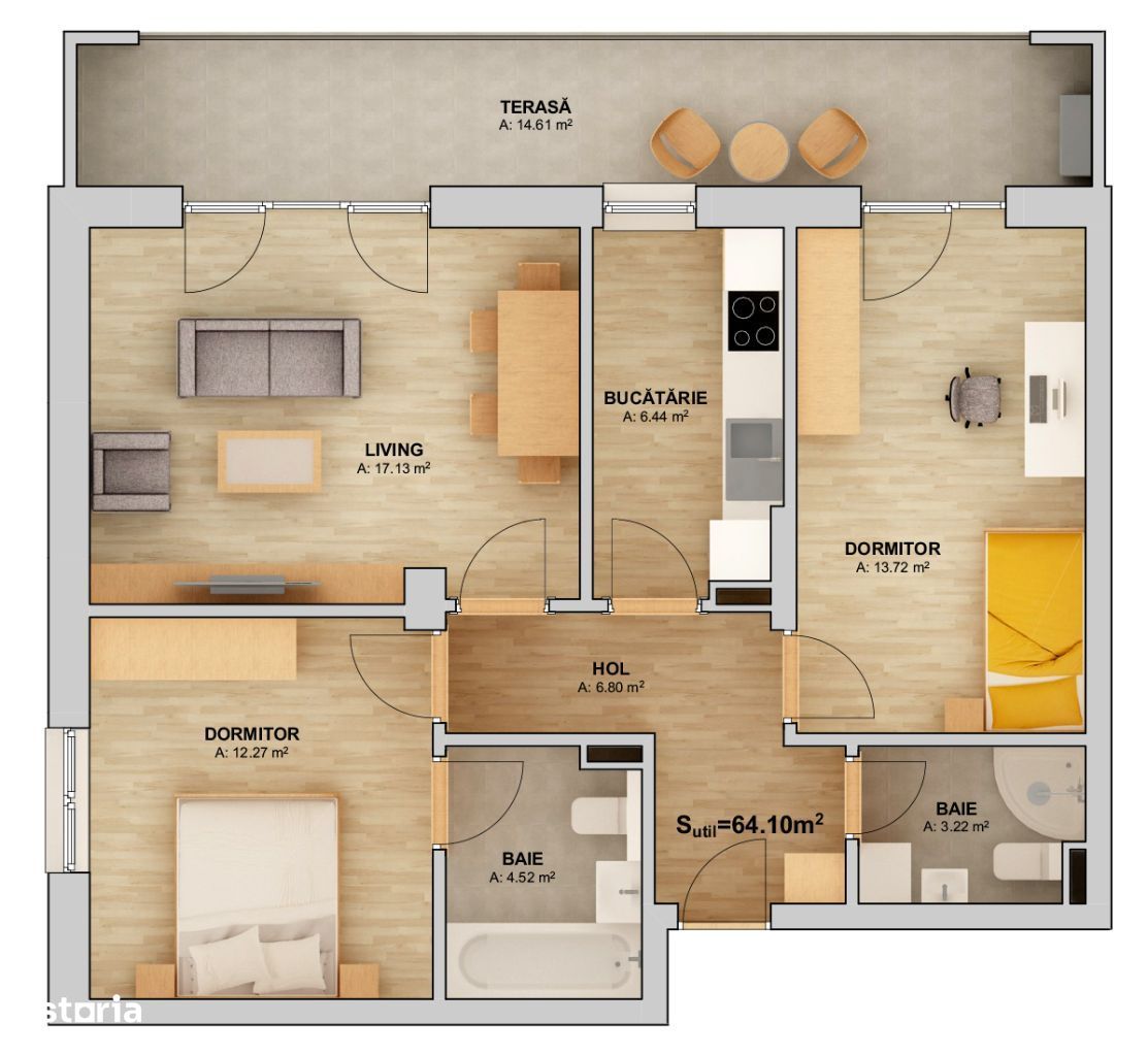 Apartament 2 camere decomandat Strada Doamna Stanca 54 mp utili