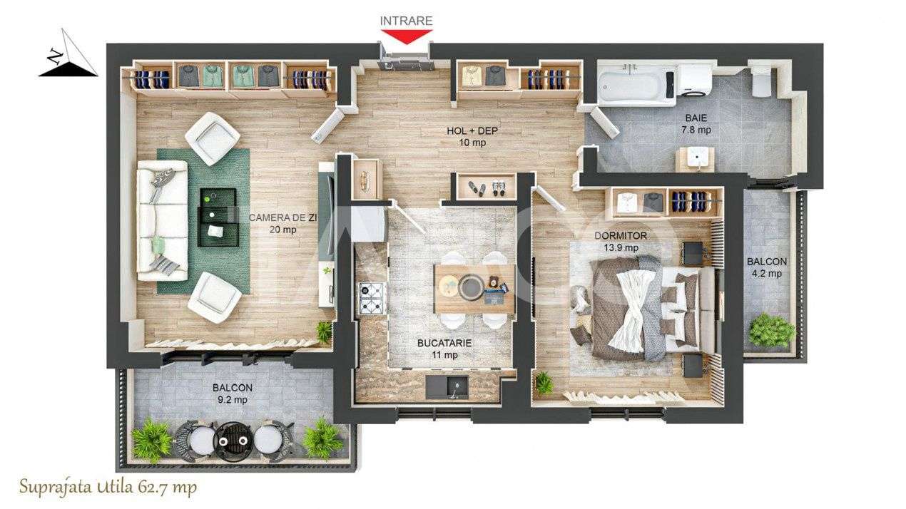Apartament decomandat 2 camere 63 mpu 2 balcoane Rahovei Sibiu - Imagine principală: 4/17