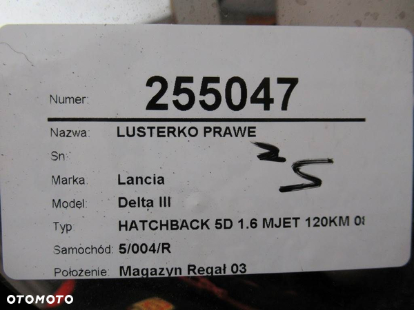 LUSTERKO PRAWE LANCIA DELTA III (844_) 2008 - 2014 1.6 D Multijet (844.AXC11, 844.AXC1A) 88 kW [120 - 12