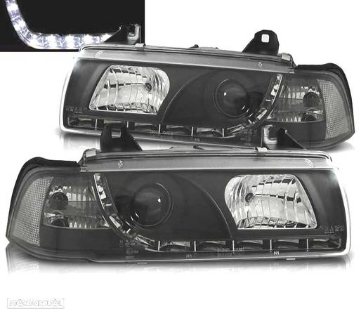 FARÓIS COM LUZ DIURNA LED PARA BMW E36 4PORTAS 90-99 FUNDO PRETO - 3