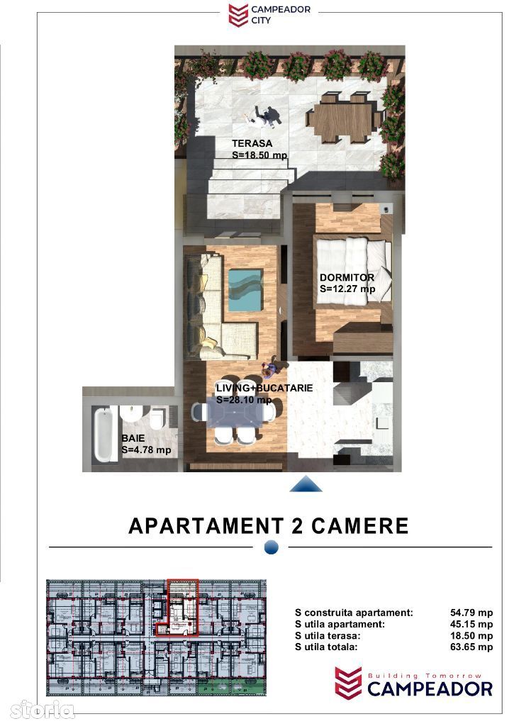 CAMPEADOR: Apartament cu 2 camere, 45 mp utili, la parter cu terasa