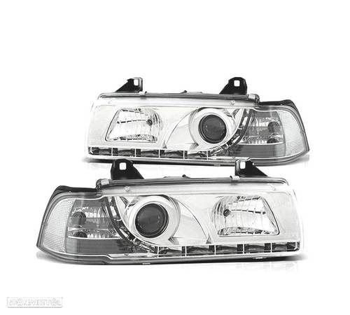 FARÓIS COM LUZ DIURNA LED PARA BMW E36 90-99 FUNDO CROMADO - 1