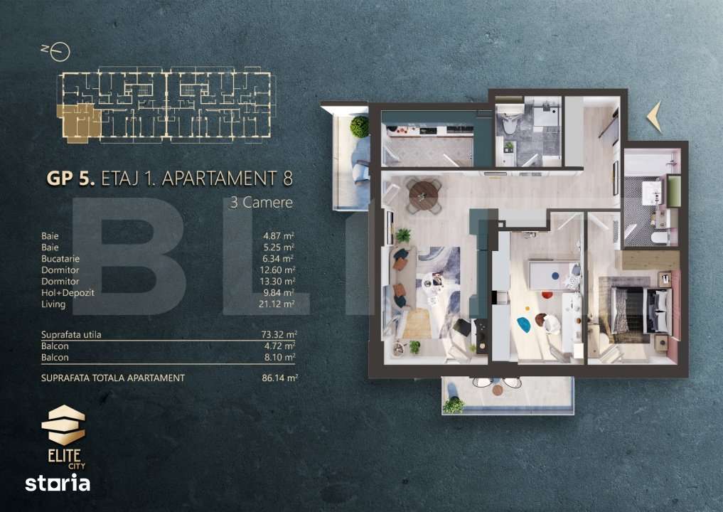 Ap. 3 camere[73 mp] Ansamblu Rezidential_zona RIVUS - Imagine principală: 2/12