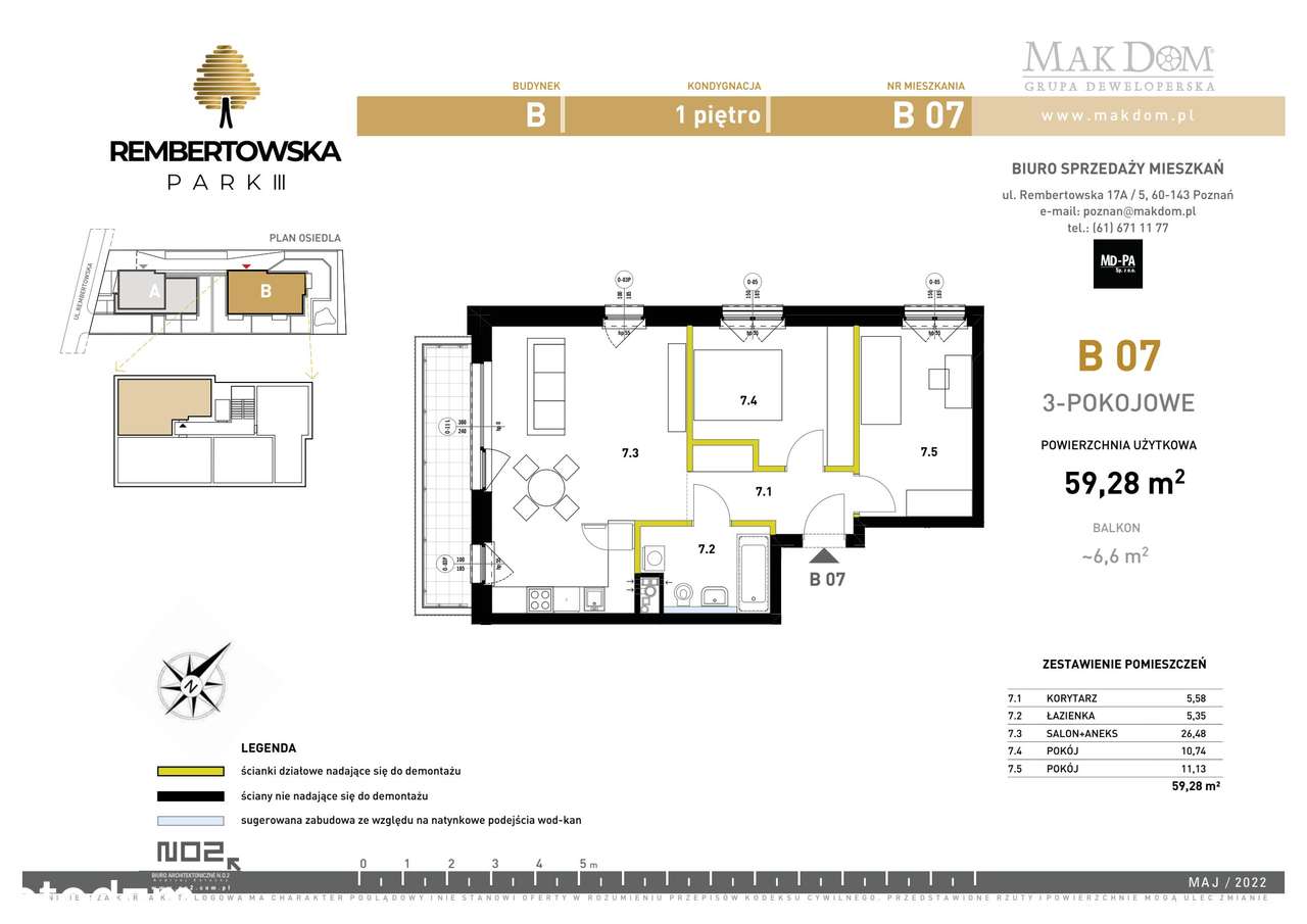 Rembertowska | Przy Parku | 3-pok. | 1 Piętro | B7-gotowe! PROMOCJA - Pełny obrazek: 2/7