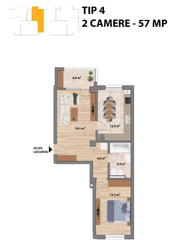 Proiect NOU -- Sun Residence -- Apartament 2 camere - TIP 4 - 56 Mp