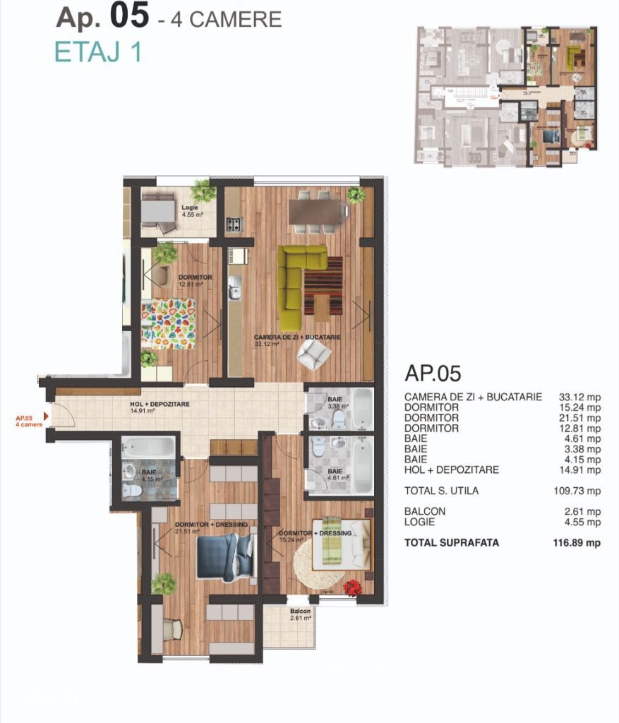 Apartament 4 camere 117 mp Brâncoveanu Metrou Parc 7-8 min - Bloc nou