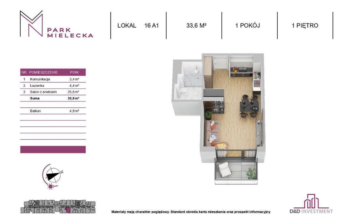 *** PARK MIELECKA Kawalerka 33,6 m + balkon - Pełny obrazek: 2/11